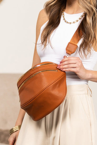 Luxe Curve Vegan Leather Sling – Double Zip Crescent Crossbody