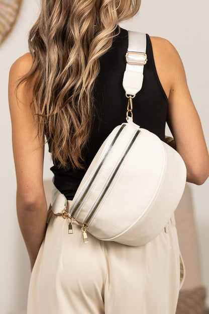 Luxe Curve Vegan Leather Sling – Double Zip Crescent Crossbody
