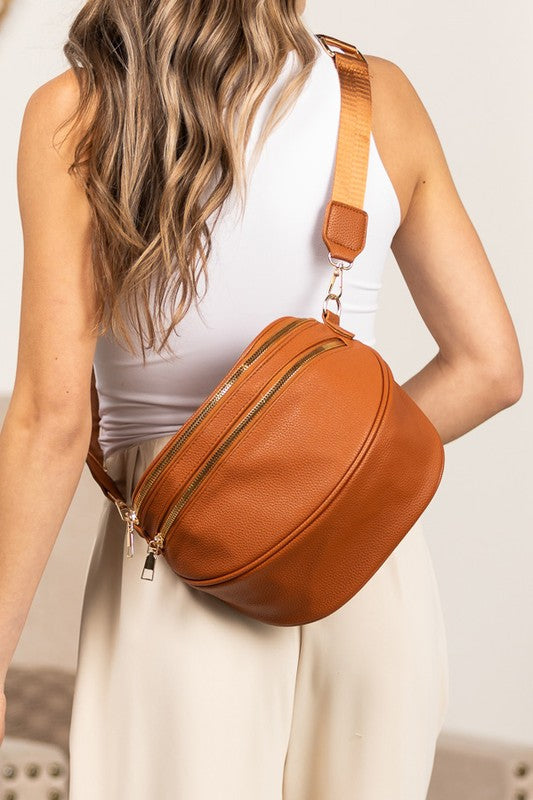 Luxe Curve Vegan Leather Sling – Double Zip Crescent Crossbody