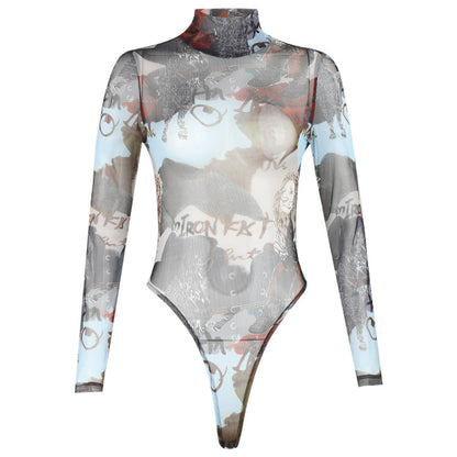 Sexy Sheer Mesh Letter Graphic Printing Bottoming Long-Sleeved Bodysuit