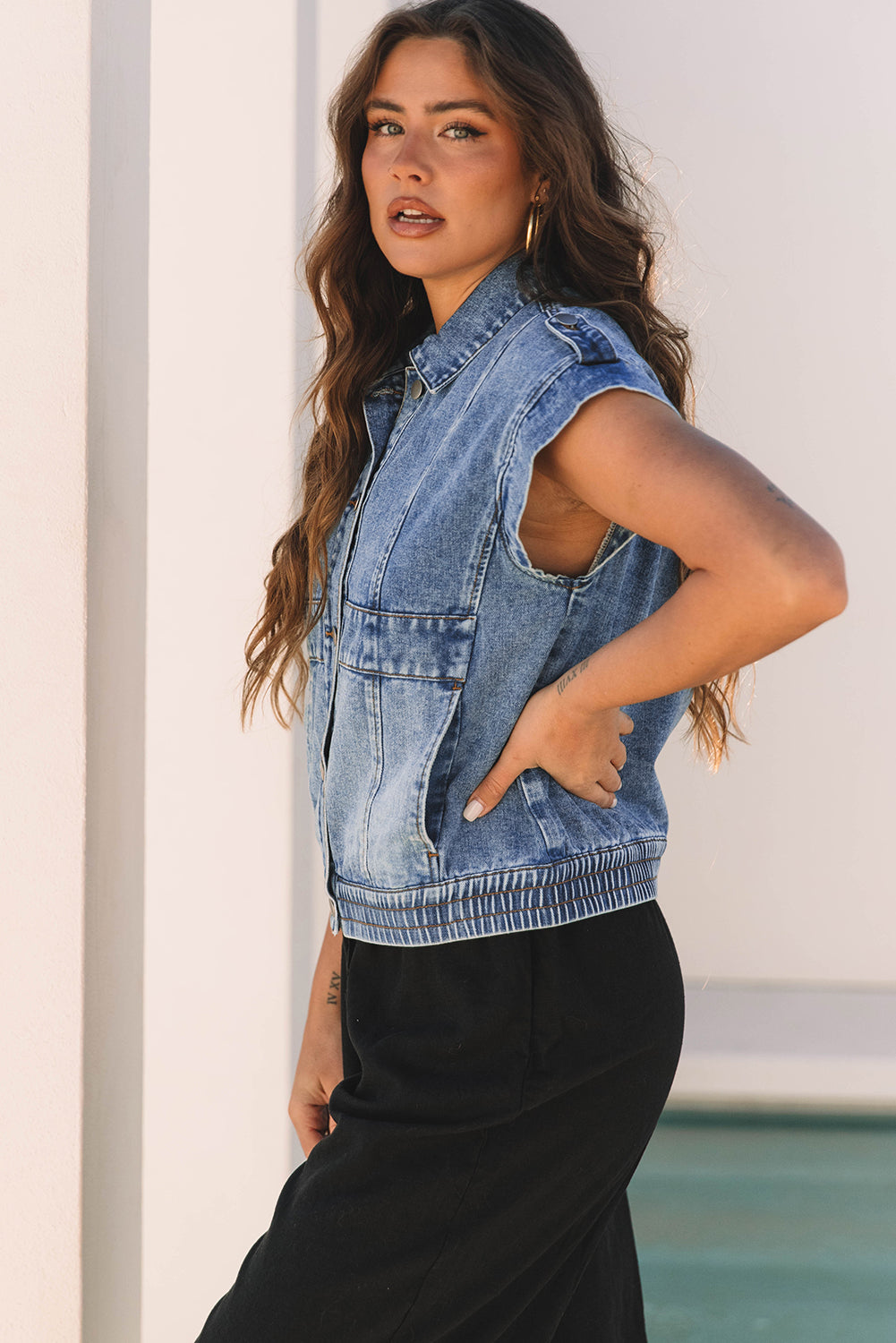 Love Salve  Ashleigh Blue Acid Wash Elastic Hem Button Up Love Salve