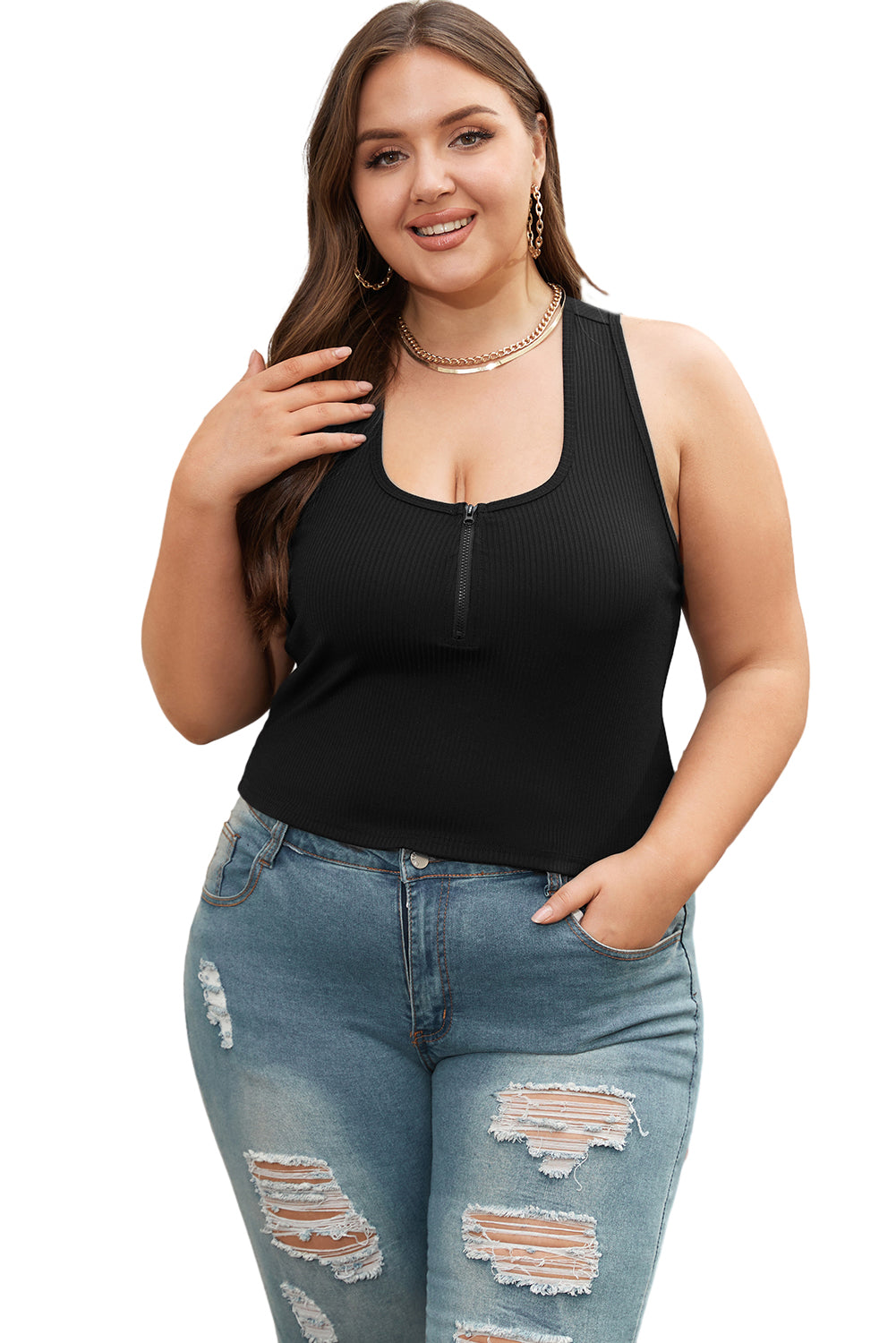 Chic black plus size ribbed tank top with zipper front detail