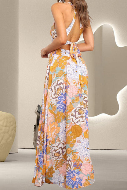 Tied Printed Grecian Sleeveless Maxi Dress.