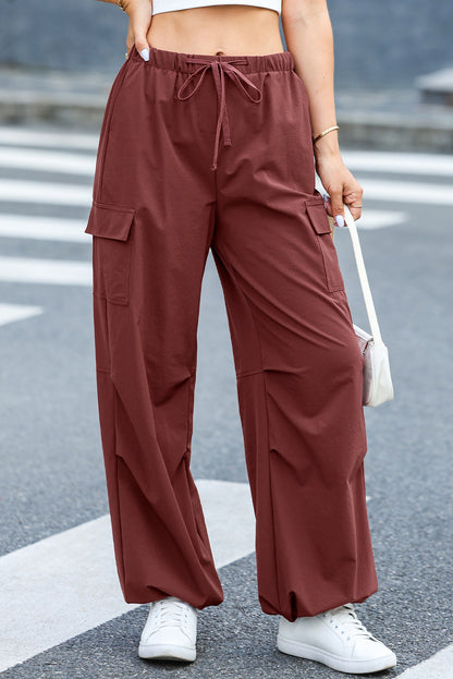 Chic mineral red wide-leg cargo pants with drawstring waist