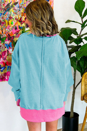 Light Blue Colorblock Patchwork Oversized Crew Sweatshirt