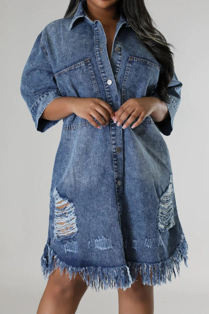 Distressed Raw Hem Button Up Denim Dress.