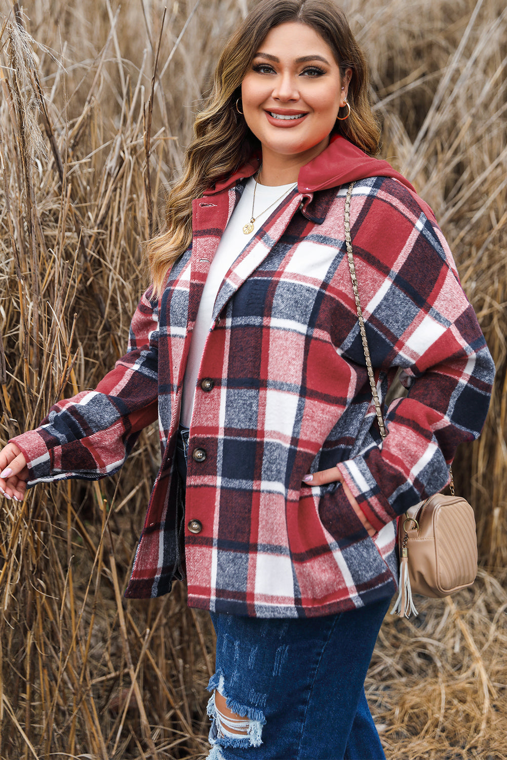 Bold red plaid plus size hooded button-up jacket