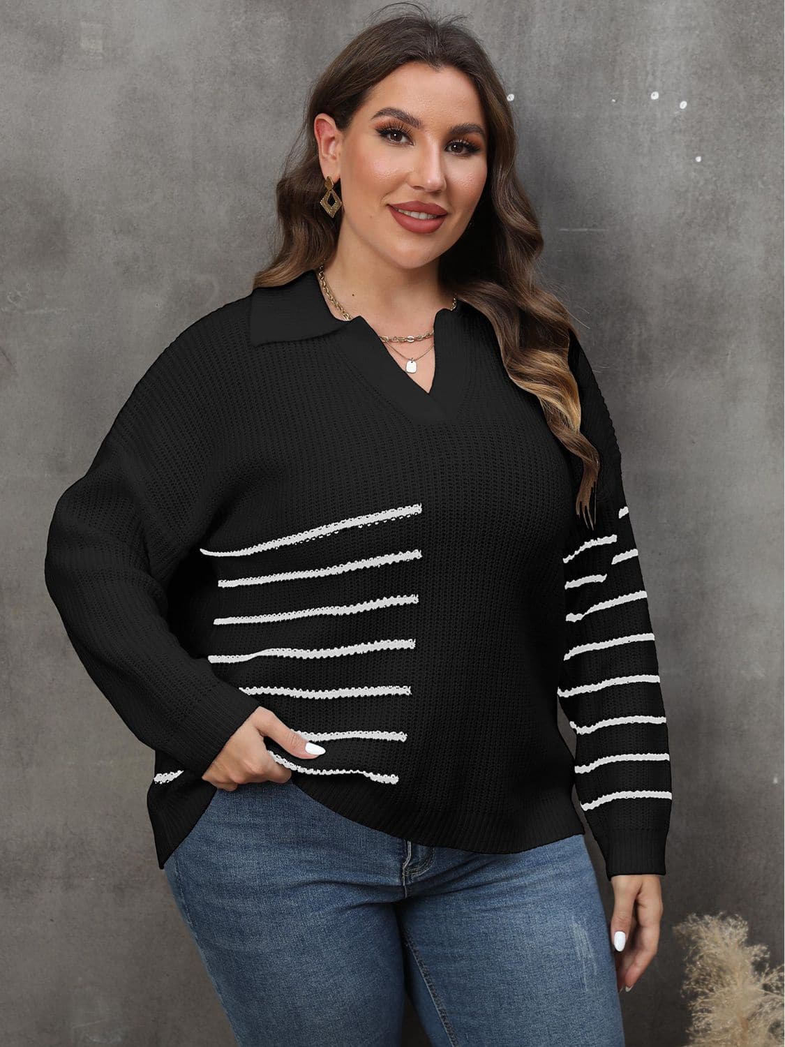 Plus Size Striped V-Neck Sweater.