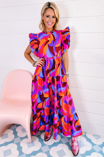 Vibrant orange abstract print high-low tiered dress with ruffles