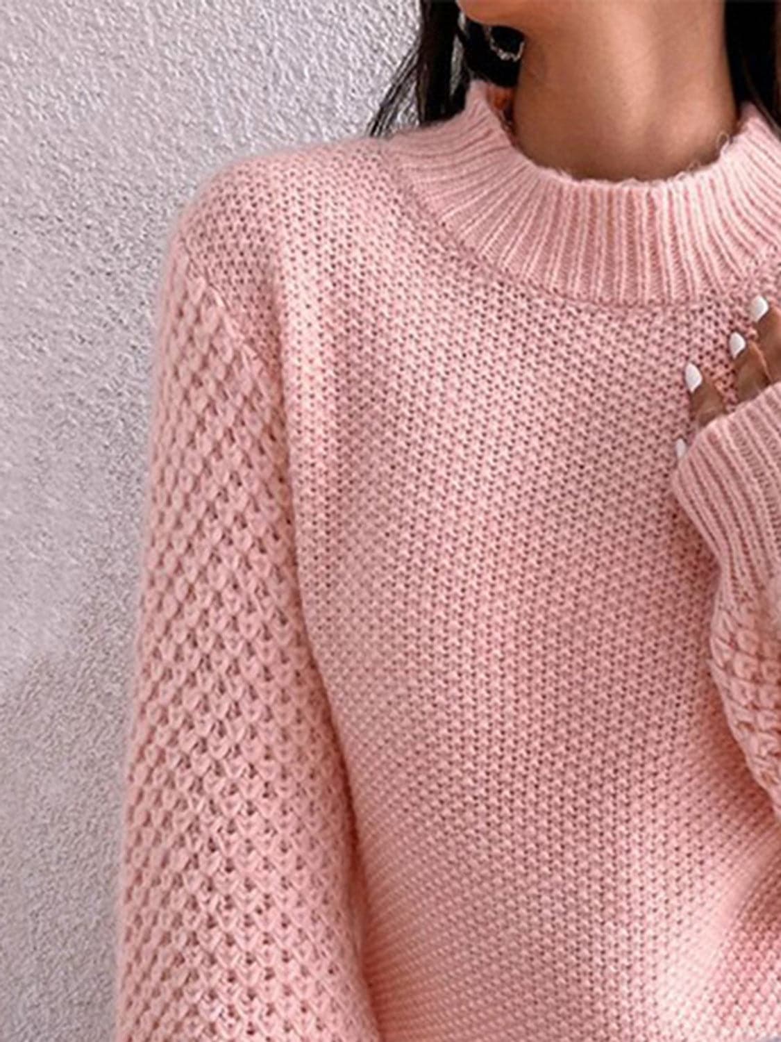 Openwork Mock Neck Long Sleeve Sweater.