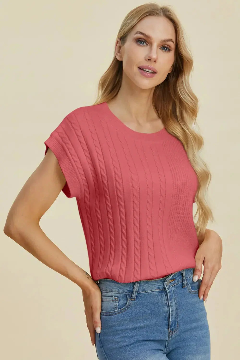 Double Take Full Size Cable-Knit Round Neck Short Sleeve Sweater - Love Salve