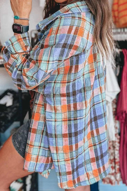 Plaid Collared Neck Long Sleeve Shirt.