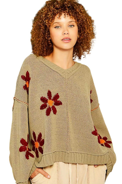 Chic floral chenille v-neck sweater for cozy elegance