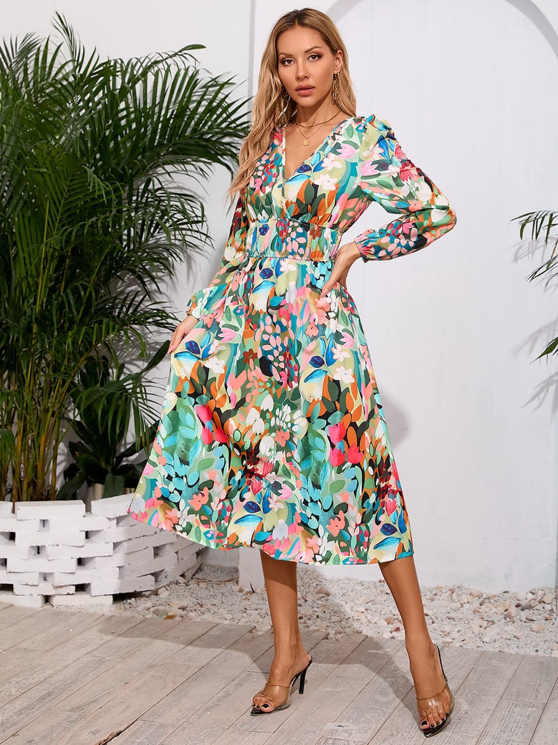 Printed Surplice Long Sleeve Midi Dress.