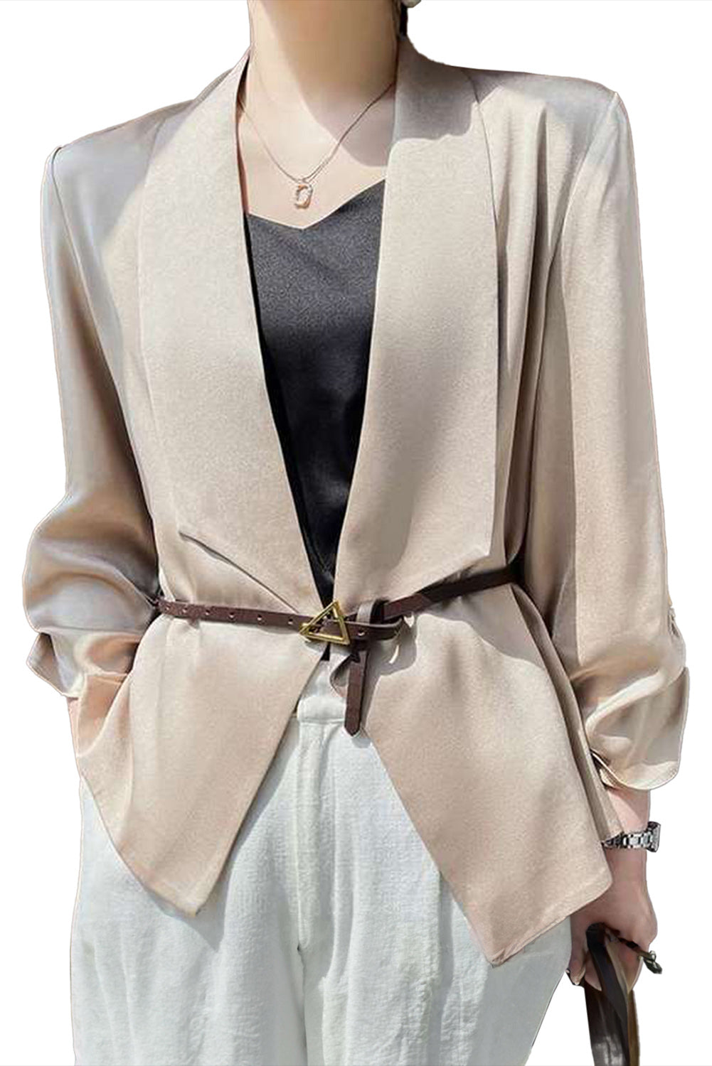 Elegant apricot satin blazer with lapel collar