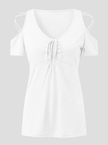 Full Size Crisscross Cold Shoulder Short Sleeve T-Shirt.