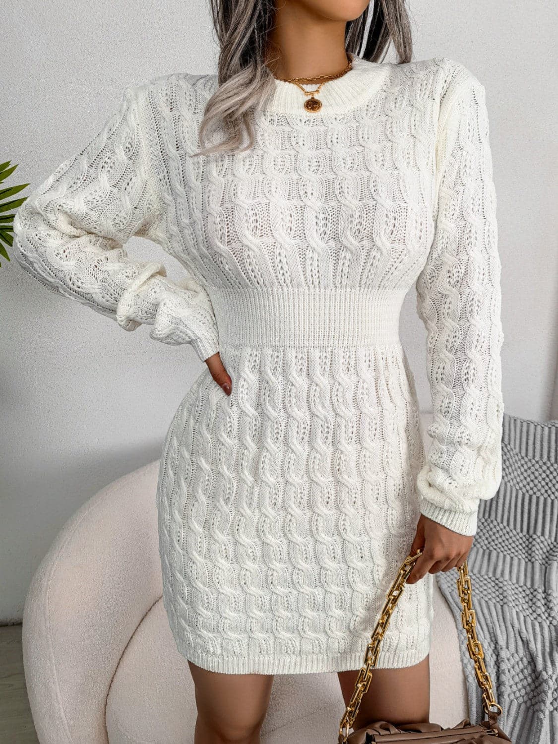 Cable-Knit Round Neck Mini Wrap Sweater Dress.