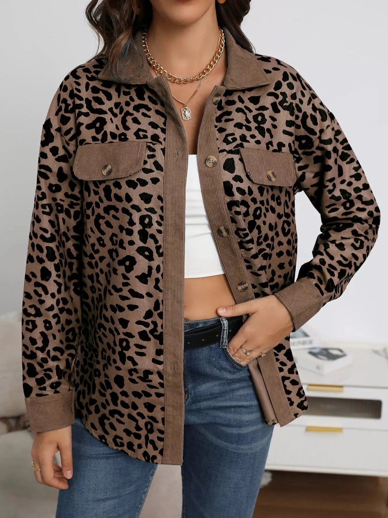 Full Size Leopard Print Button-Down Jacket Plus Size Simply Love