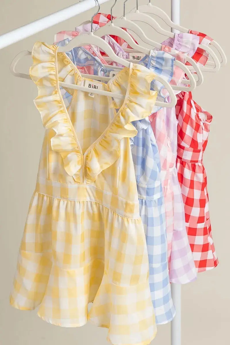 BiBi Ruffled Neckline Sleeveless Check Plaid Peplum Top - Love Salve 