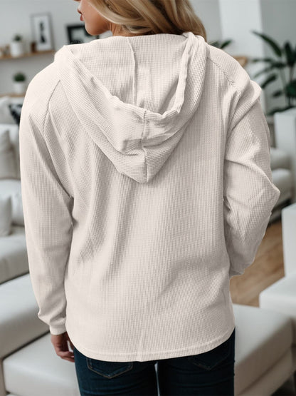 Waffle-Knit Drawstring Quarter Button Hoodie.