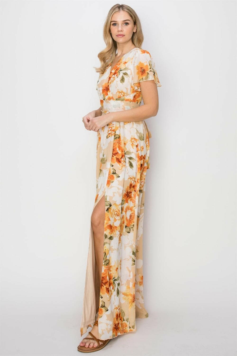 HYFVE Floral Tie Back Short Sleeve Slit Maxi Dress.