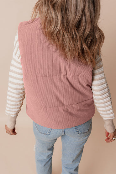 Apricot Pink Corduroy Stand Neck Zipped Puffer Vest by De...