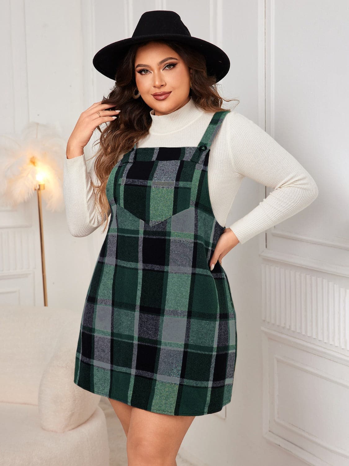 Plus Size Plaid Wide Strap Overall Dress.