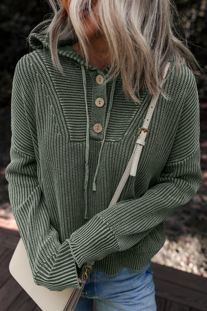 Mist Green Mineral Wash Ribbed Knit Hooded Sweater