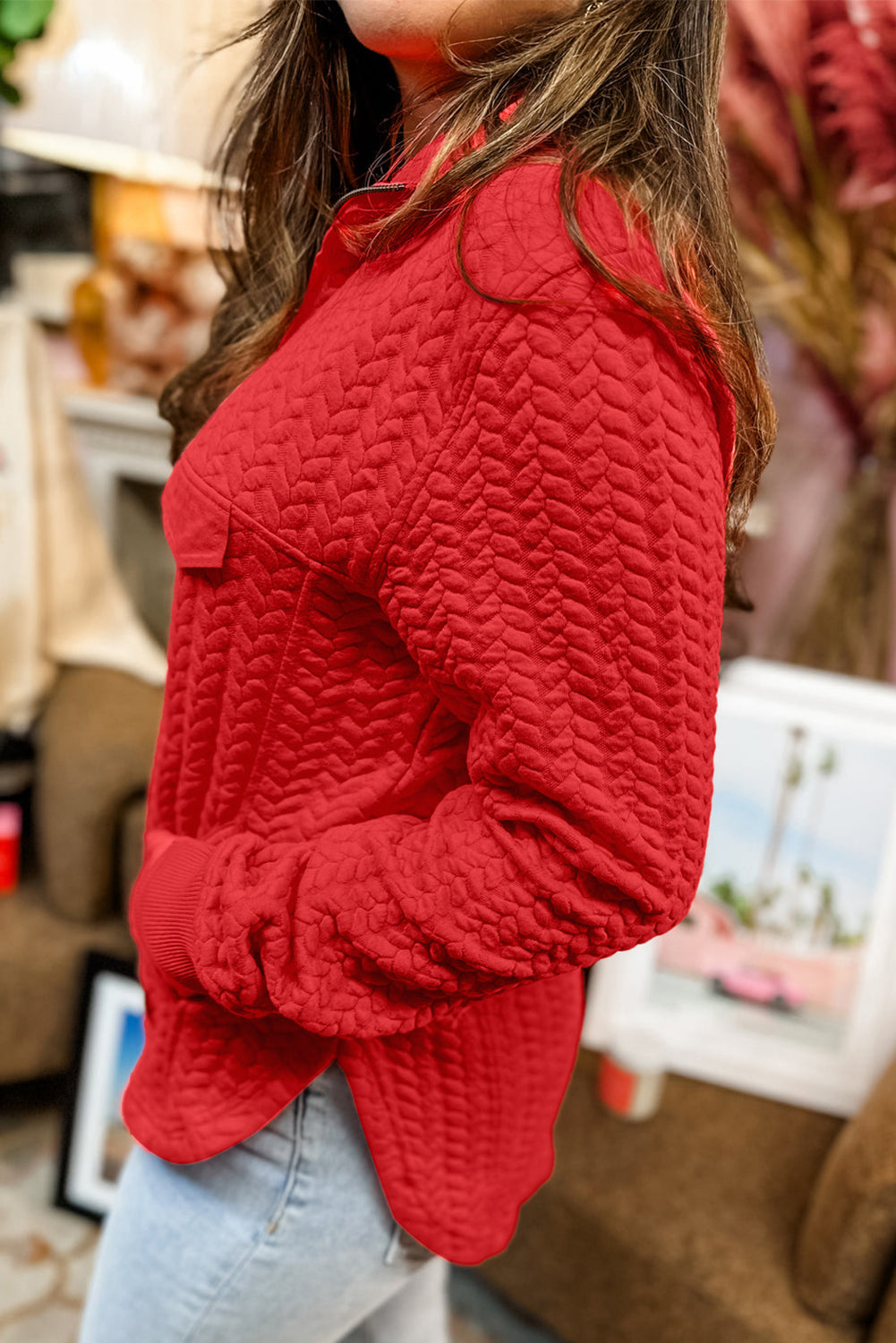 Tomato red cable knit quarter zip pullover with pockets in plus size