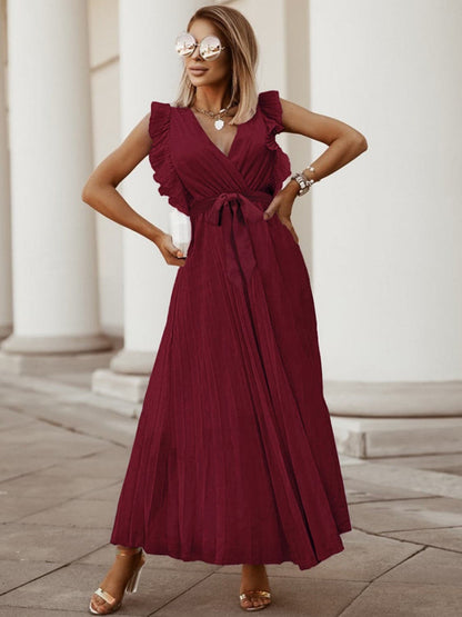 Tied Surplice Cap Sleeve Pleated Dress.