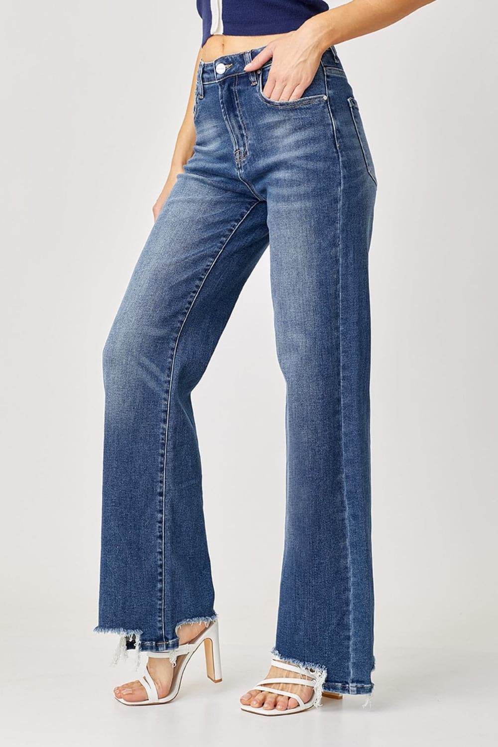 Risen Full Size High Rise Frayed Hem Wide Leg Jeans.