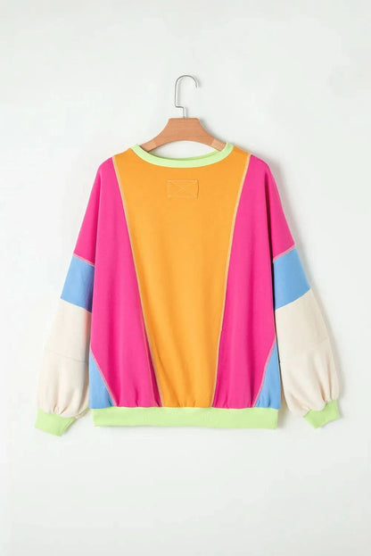 Chic color block long sleeve top with pockets