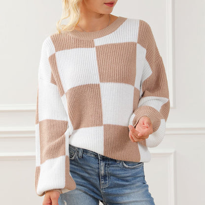 Checkered Round Neck Drop Shoulder Long Sleeve Sweater.