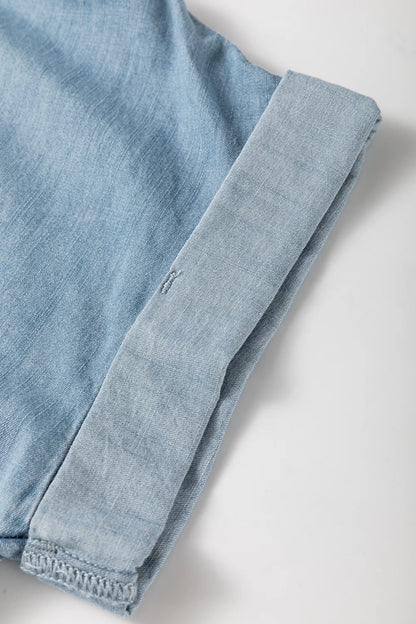 Folded Short Sleeve Patched Pocket Denim Shirt