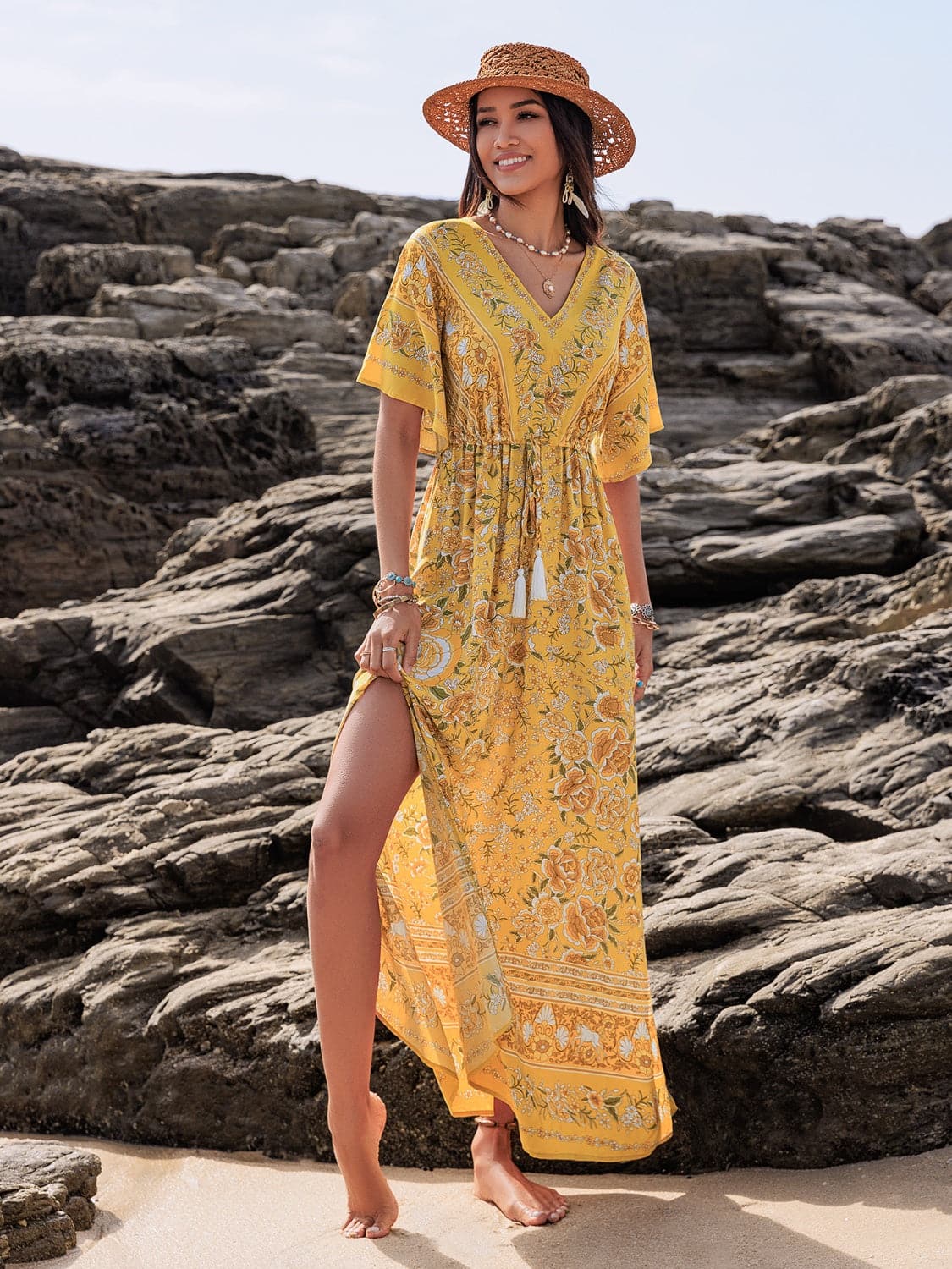 Drawstring Printed Plunge Half Sleeve Dress.