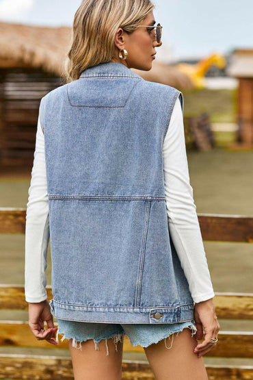 Sleeveless Collared Neck Denim Top with Pockets.