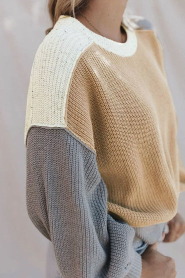 Color Block Round Neck Long Sleeve Sweater.