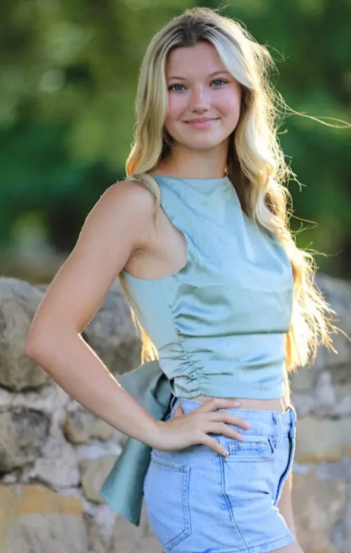 Satin Sleeveless Backless Top With Open Back And Asymmetric Draped Neckline Miss Sparkling