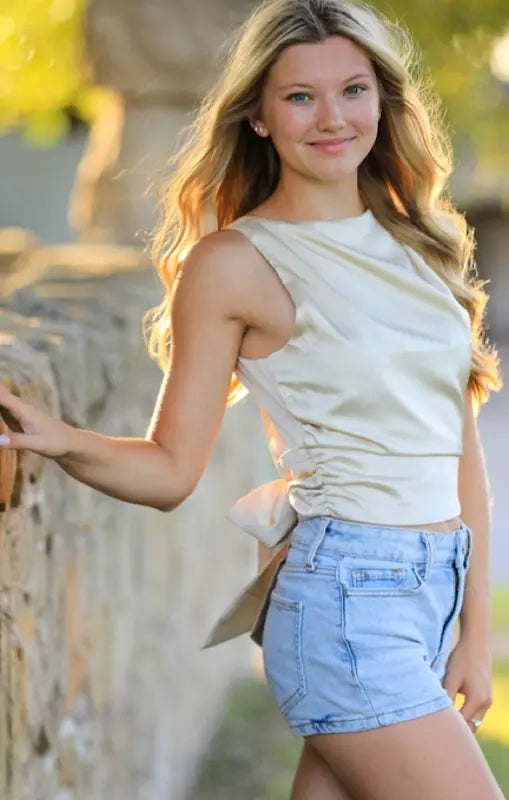 Satin Sleeveless Backless Top With Open Back And Asymmetric Draped Neckline Miss Sparkling