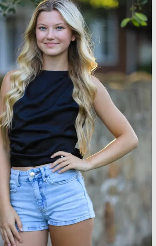 Satin Sleeveless Backless Top With Open Back And Asymmetric Draped Neckline Miss Sparkling