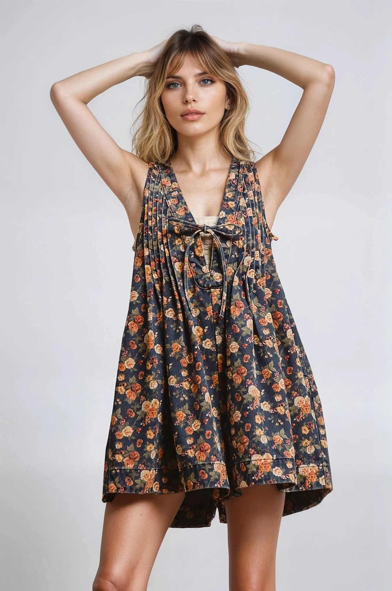 Vintage Bloom Denim Romper With Floral Print And Tie Front Fitkitty Culture Athleisure Wear, Yoga Wear & Women's Clothing