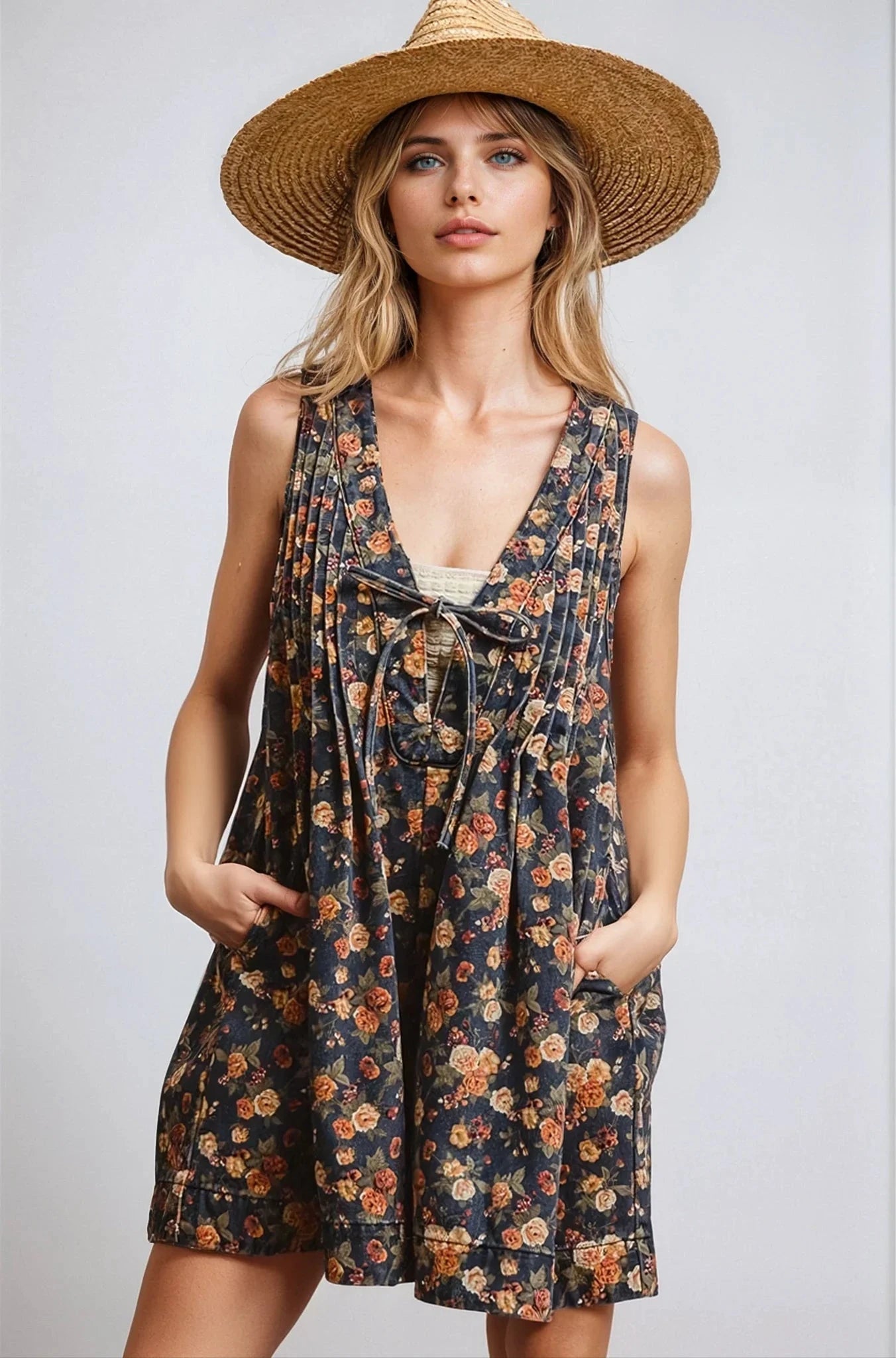 Vintage Bloom Denim Romper With Floral Print And Tie Front Fitkitty Culture Athleisure Wear, Yoga Wear & Women's Clothing