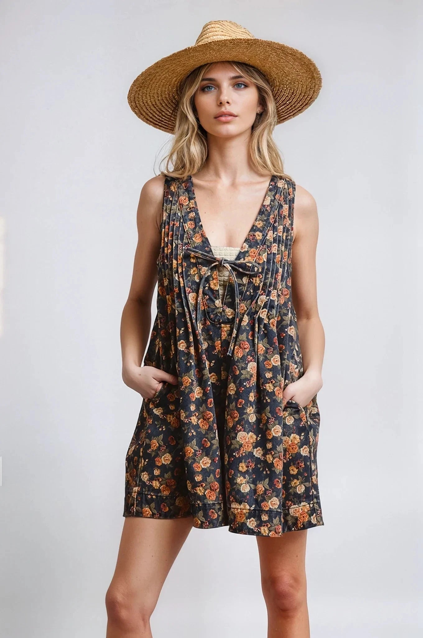Vintage Bloom Denim Romper With Floral Print And Tie Front Fitkitty Culture Athleisure Wear, Yoga Wear & Women's Clothing