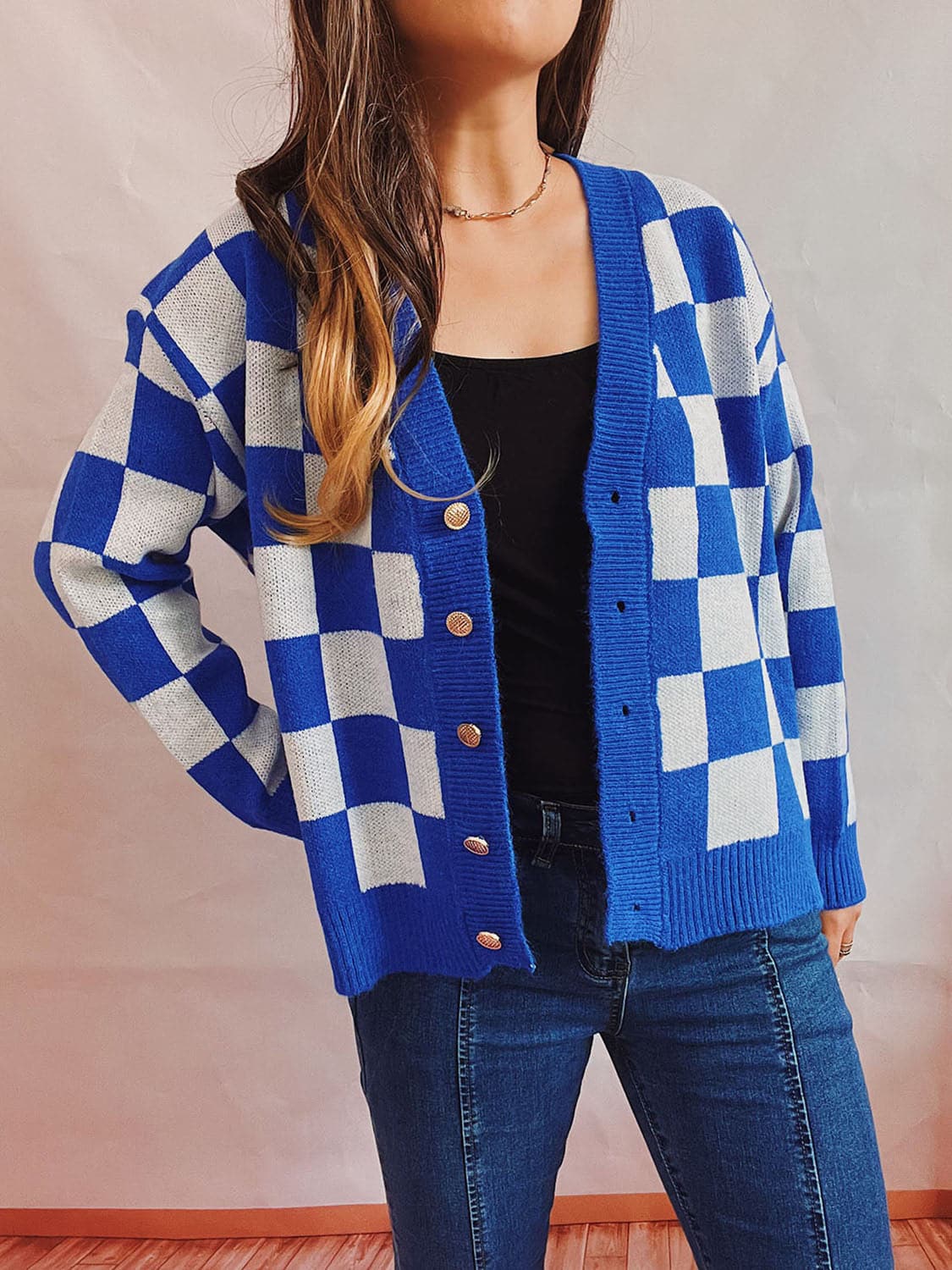 Checkered Open Front Button Up Cardigan.