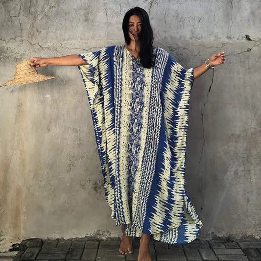 Boho Vacation Maxi Dress Polyester Loose Fit Half Sleeve Digital Pattern Bella Mia