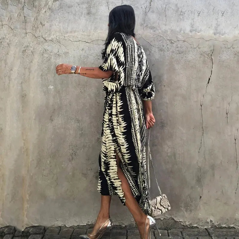 Boho Vacation Maxi Dress Polyester Loose Fit Half Sleeve Digital Pattern Bella Mia