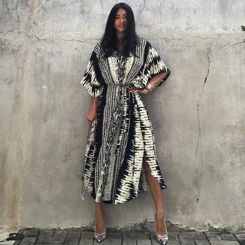 Boho Vacation Maxi Dress Polyester Loose Fit Half Sleeve Digital Pattern Bella Mia