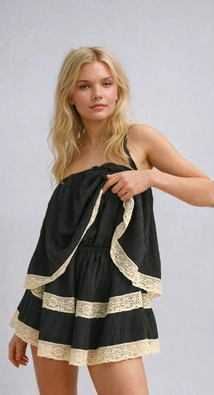 Isla Lace Trim Layered Tube Romper Beachy Flowing Shape Fitkitty Culture Athleisure Wear, Yoga Wear & Women's Clothing