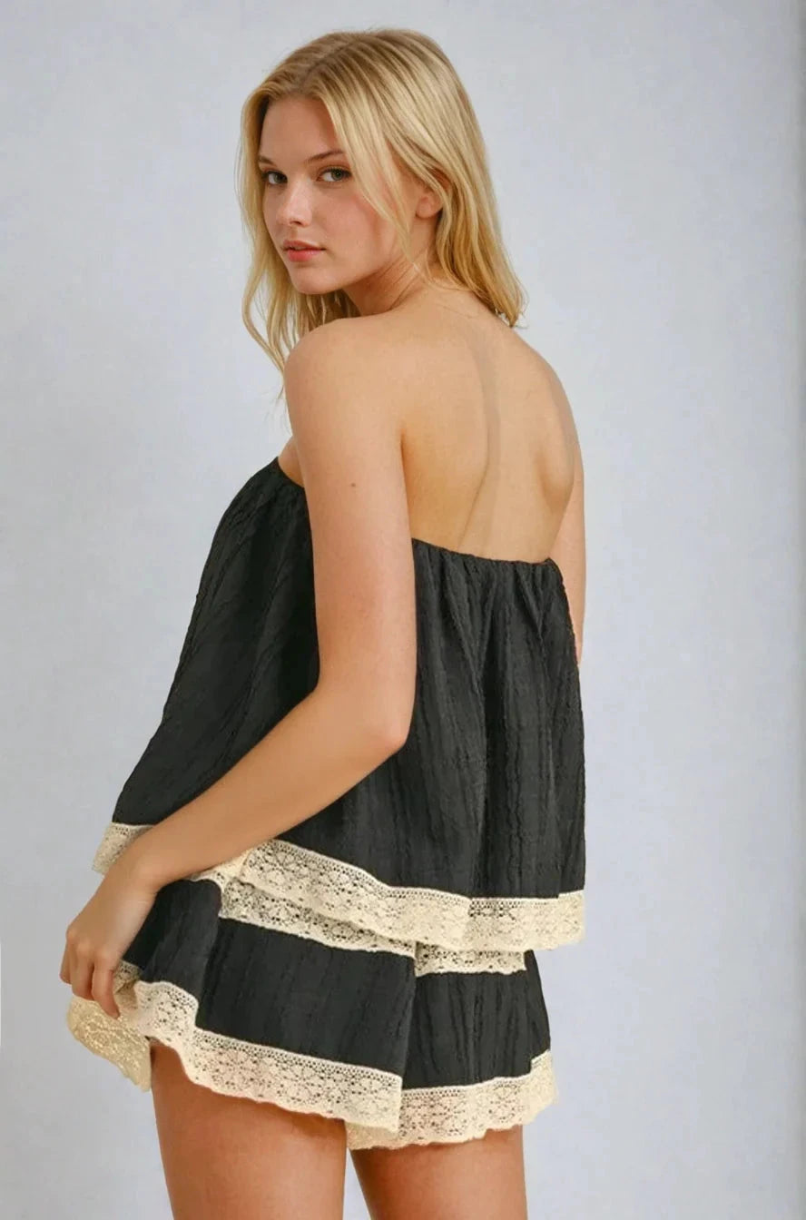 Isla Lace Trim Layered Tube Romper Beachy Flowing Shape Fitkitty Culture Athleisure Wear, Yoga Wear & Women's Clothing