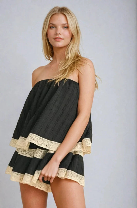 Isla Lace Trim Layered Tube Romper Beachy Flowing Shape Fitkitty Culture Athleisure Wear, Yoga Wear & Women's Clothing